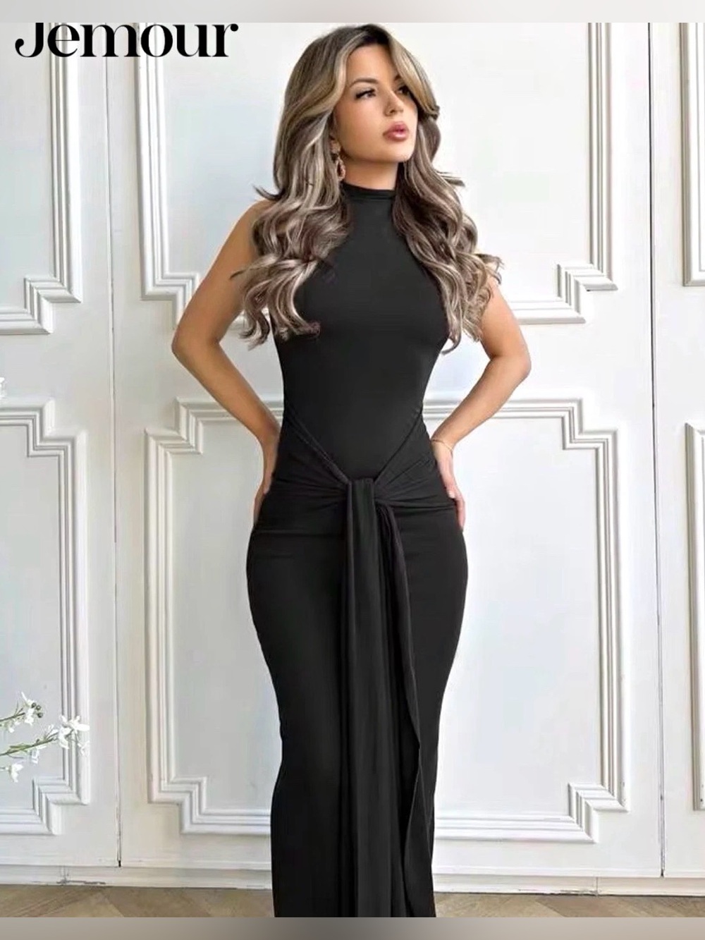 SHEIN Black High-Neck Sleeveless Maxi Dress with Tie-Waist Detail